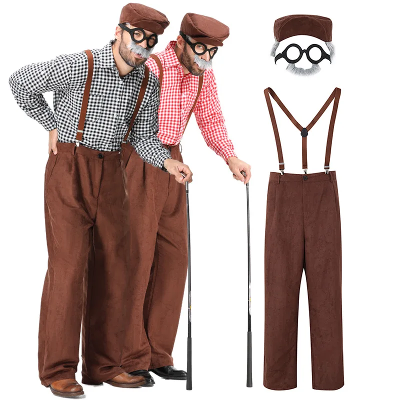 Umorden Adult Men's Grandpa Old Man Costume Simple Set Trousers With Suspenders Red Black Plaid Shirt Hat Mustache Glasses