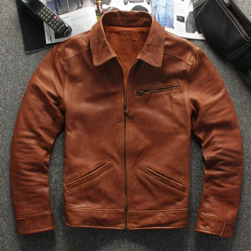 2024 Light Brown American Casual Style Genuine Leather Jacket Men Plus Size 4XL Real Natural Sheepskin Autumn Slim Fit Coat - Image 3