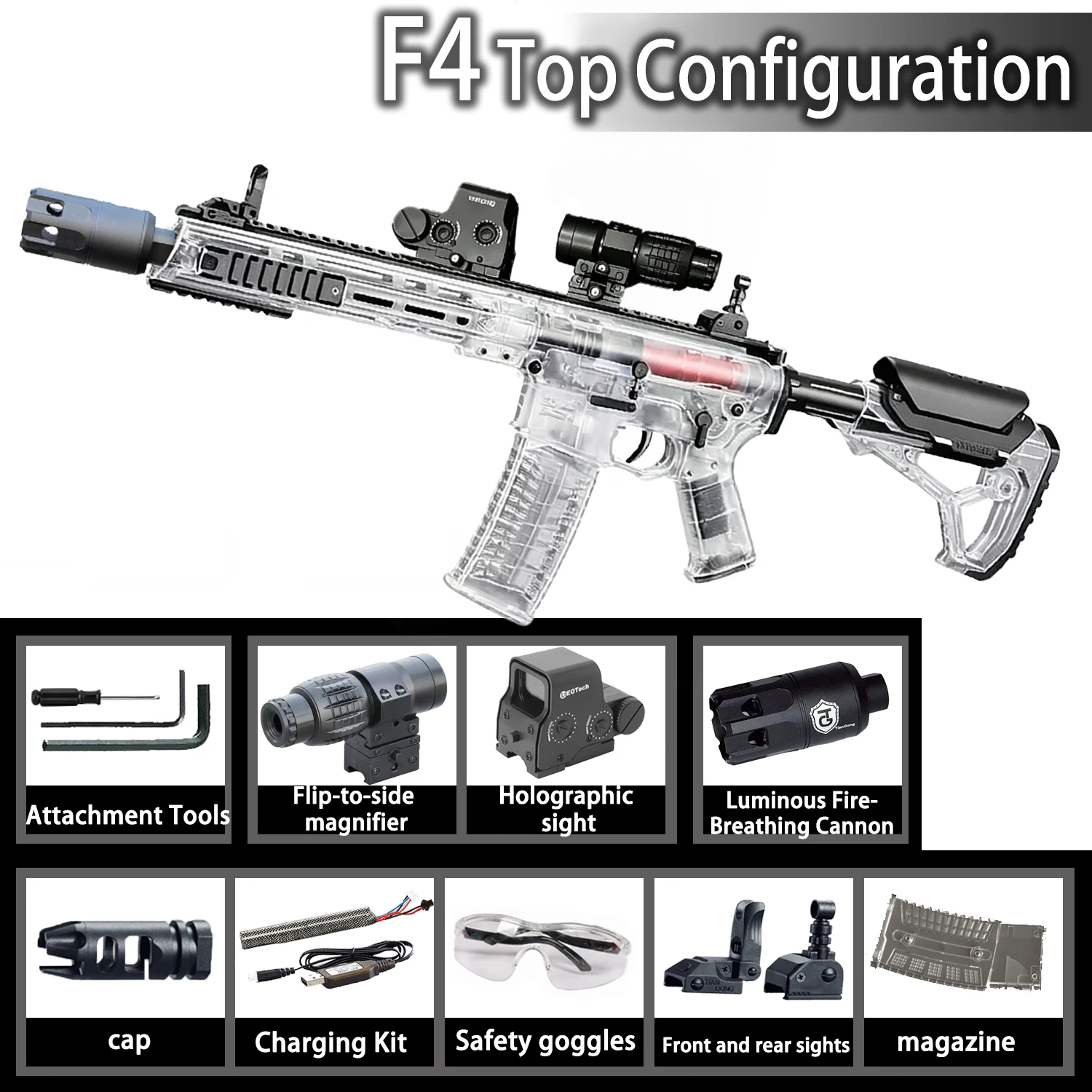 High-performance F4 electric gel ball toy gun, metal gears, inner barrel, top spin, Orbeez shooter (bullets not included)
