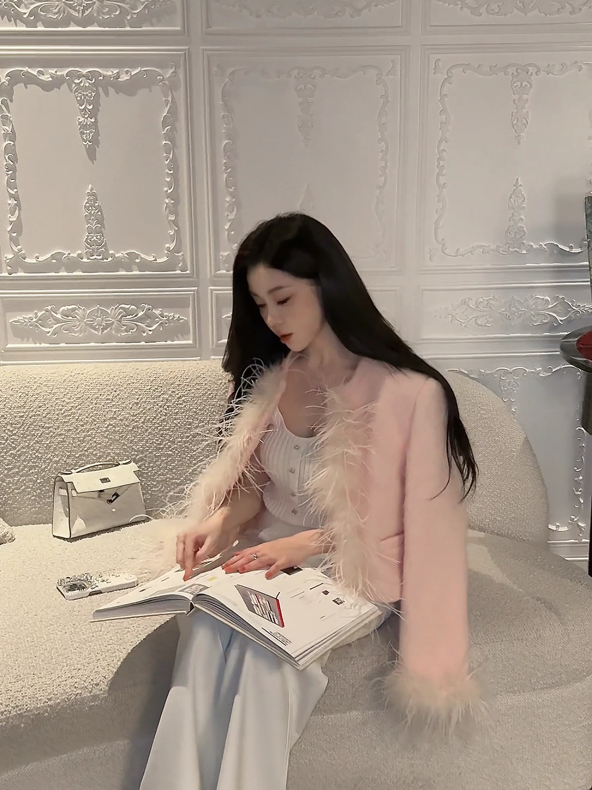 

Light Pink Tweed ort Coat with Furry Patchwork YOUENBB Faionable All-Match Loose Fit Women's Hanfu Top