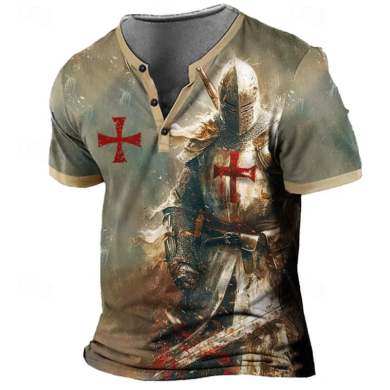 Camiseta Masculina Retrô Vintage com Estampa 3D dos Cavaleiros Templários São Jorge, Camiseta Henley Casual para o Dia a Dia, Branca e Cáqui, Manga Curta