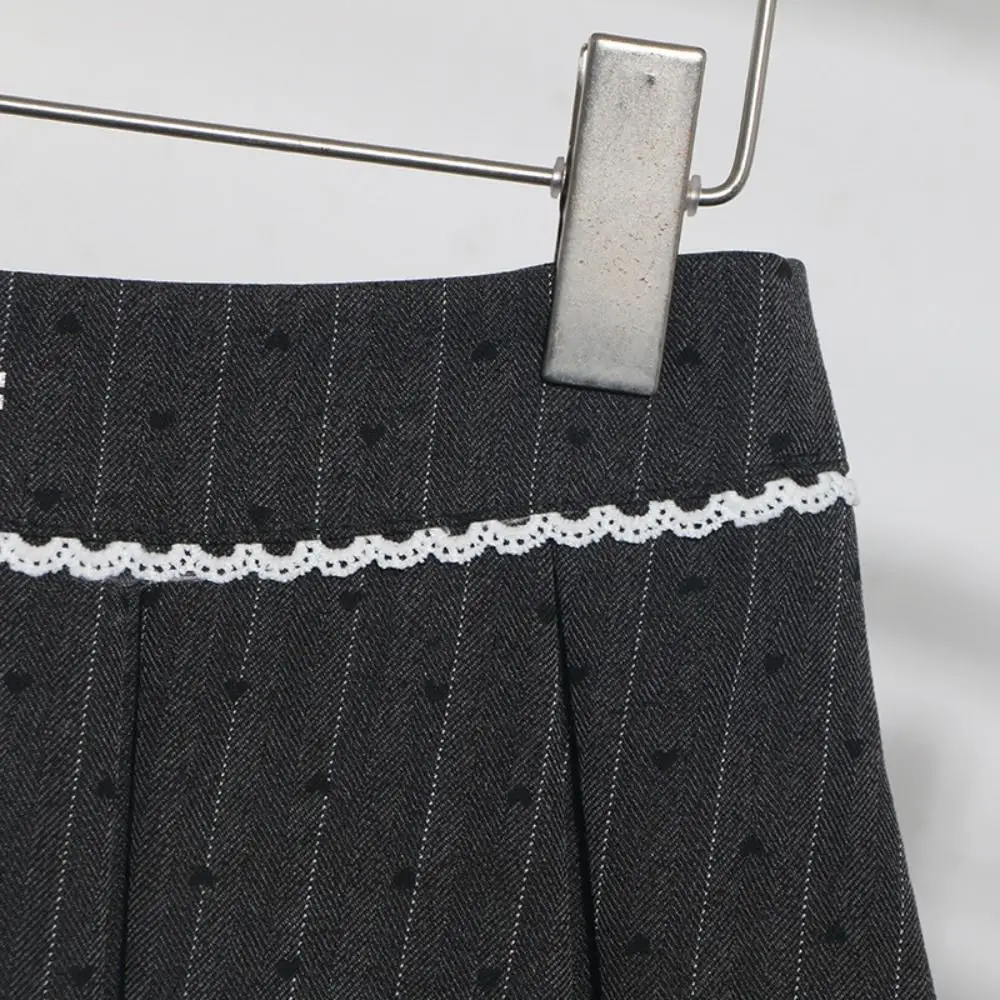 

Cute Heart Lace Pleated Skirt Large Bow Dots Short Skirt Women High Waist Sweet A-Line Mini Skirt Summer