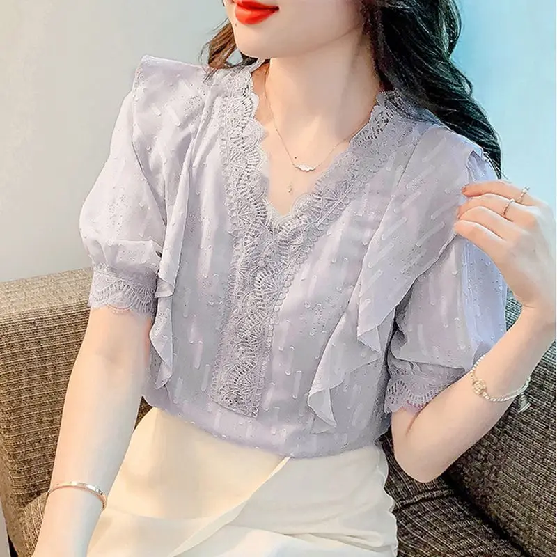 Women's V-Neck Summer Pullover Lace Solid Color Ruffles Patchwork Half Sleeve T-shirt Commute Fashionable Rhinestone Tops