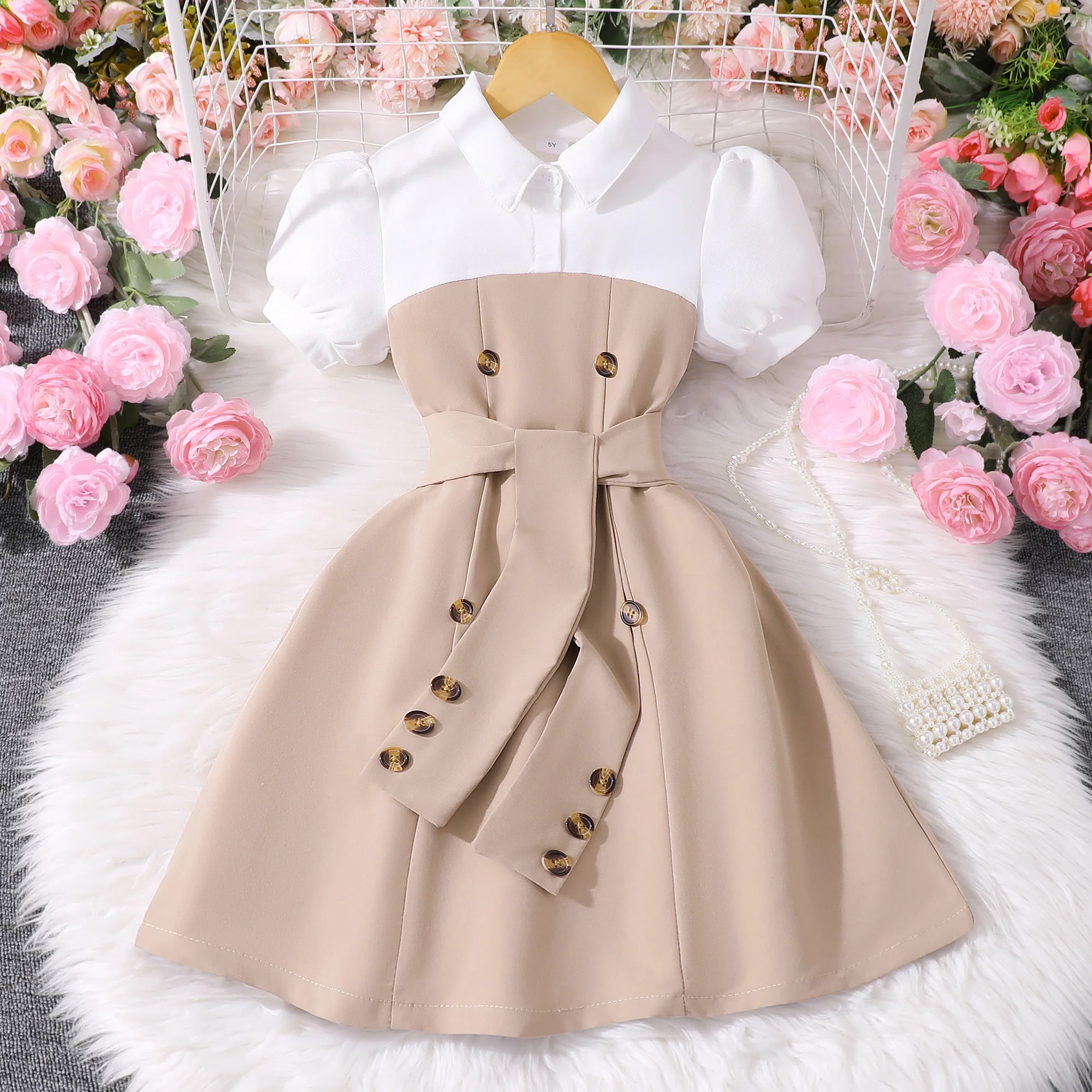 4-7 Years Girls' Princess Puff Sleeve Dress - Earth Tone Color Block Summer Peter Pan Collar, Durable for Outdoor