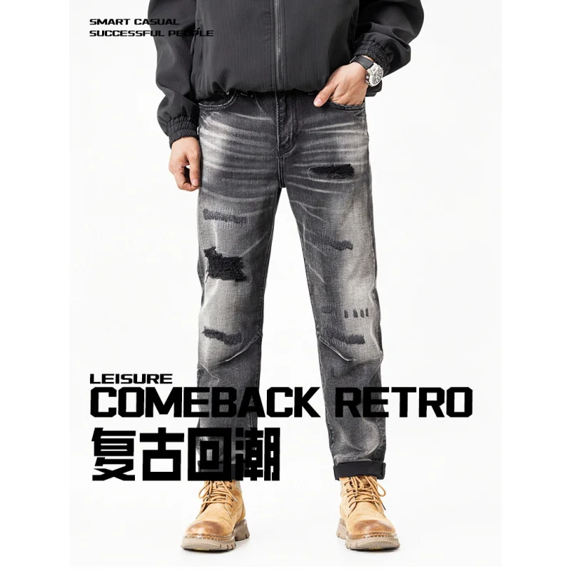 أسود وجينز للرجال، طراز خريف 2025 الجديد، سراويل حنين كلاسيكية بفتحة ممزقة ومستقيمة الساق