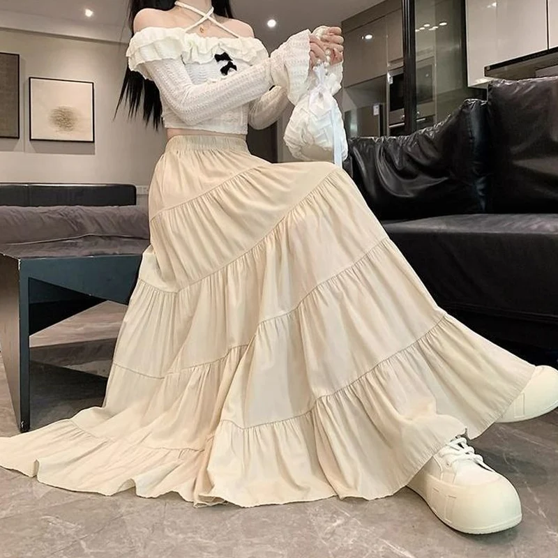 spring summer new Solid color fashion Elastic waist elegant ball gown women lolita sweet Loose Pleated All-match umbrella skirt