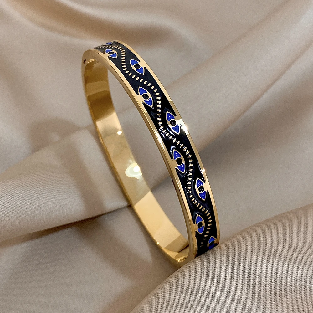 Glossy Gold Plated Stainless Steel Cuff Bangle Bracelet for Women Blue Enamel Devil's Eye Black Bracelets Waterproof Jewelry