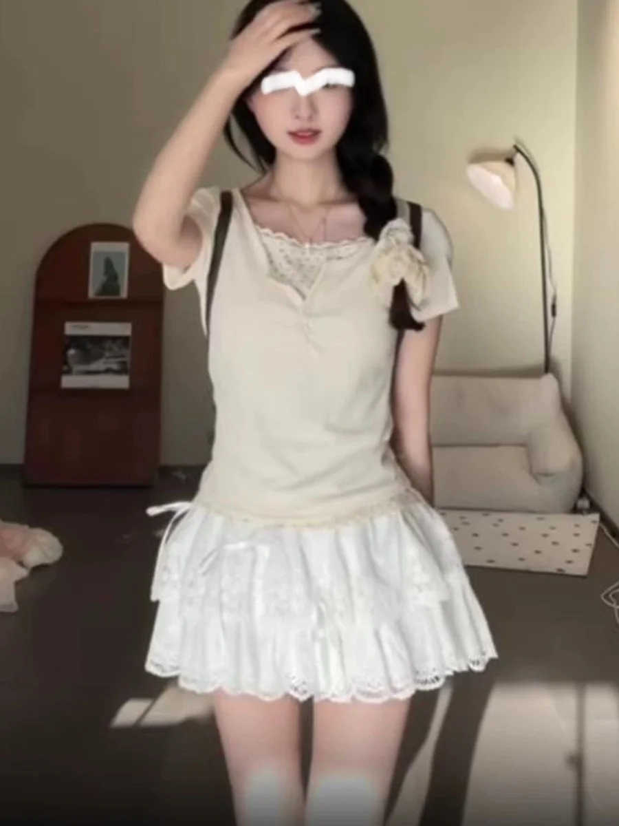 

Летняя кружевная футболка и юбка, женский комплект Faion Sweet ature из двух предметов, ансамбль Initial Love Ballet Sle Ele Dr