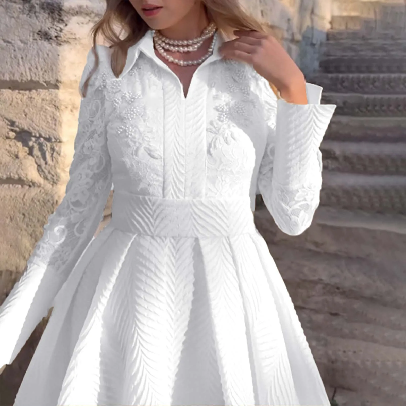 French Retro Long Sleeved Fashionable Slim Fitting Dress Evening Wedding for Women White Front Chest Bead Flower Bud Silk Gauze