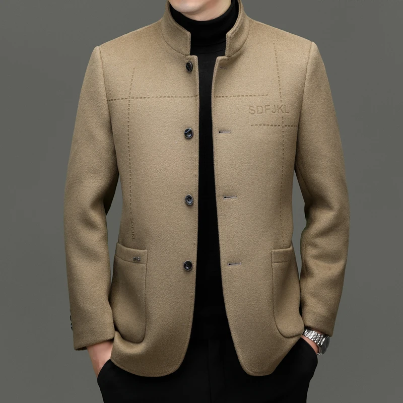 

New Chinese Style Men Slim Fit Sheep Wool Jackets Navy Gray Khaki Mandarin Collar Coats Oriental Cashmere Blend Coat Outfit 2024