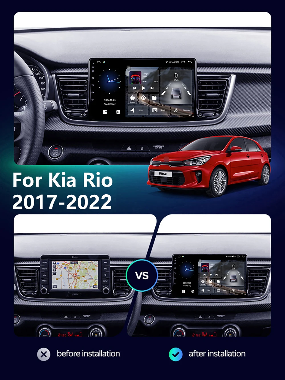 Carplay Car Radio Multimedia For Kia RIO YB KX Cross Stonic 2017 2018 2019-2022 GPS Navigation Player Android 15 Auto BT 4G WIFI
