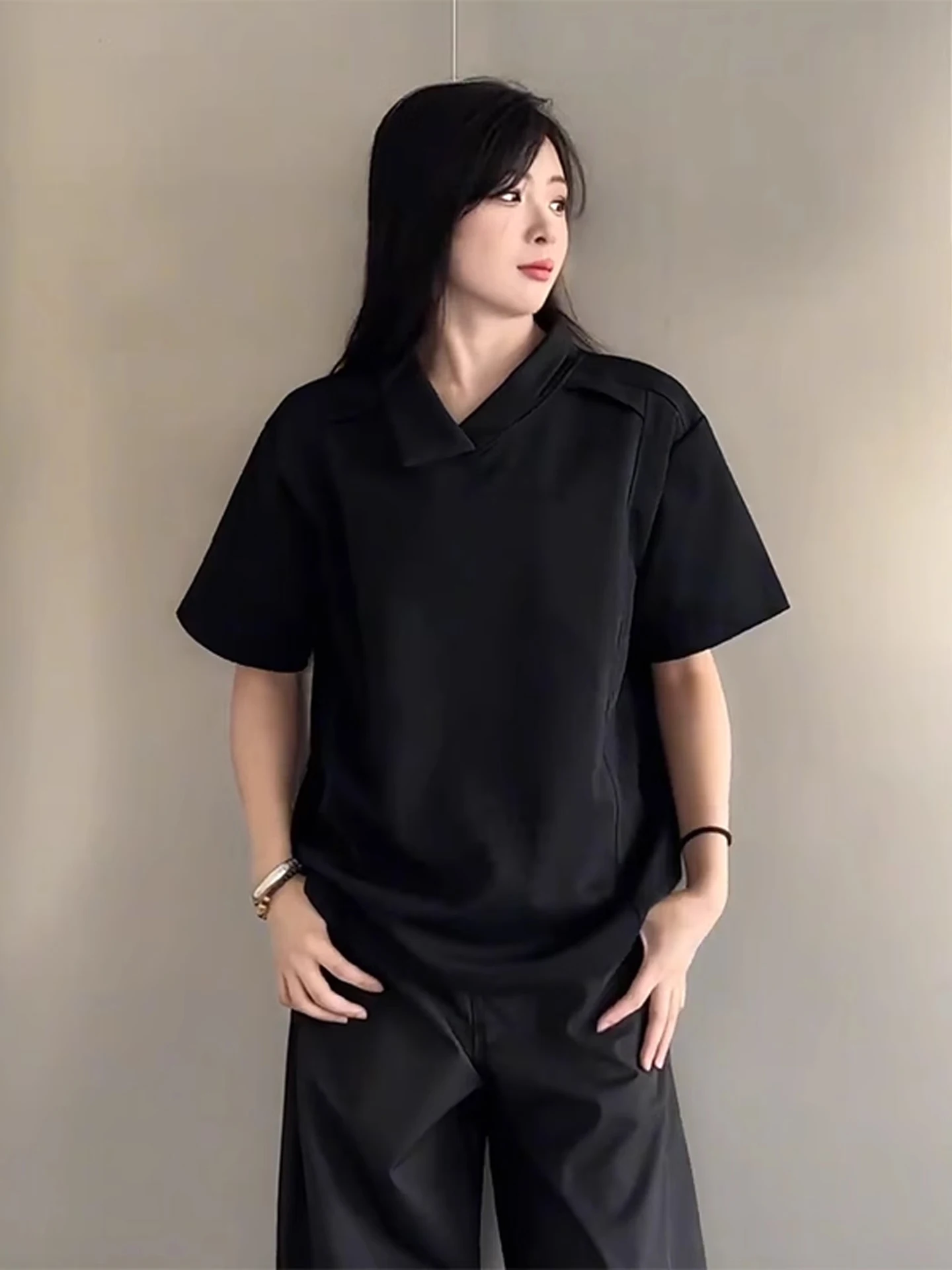 

Футболка Cleanfit American Splice с коротким рукавом, летняя, с отложным воротником, свободного кроя, с широкими плечами