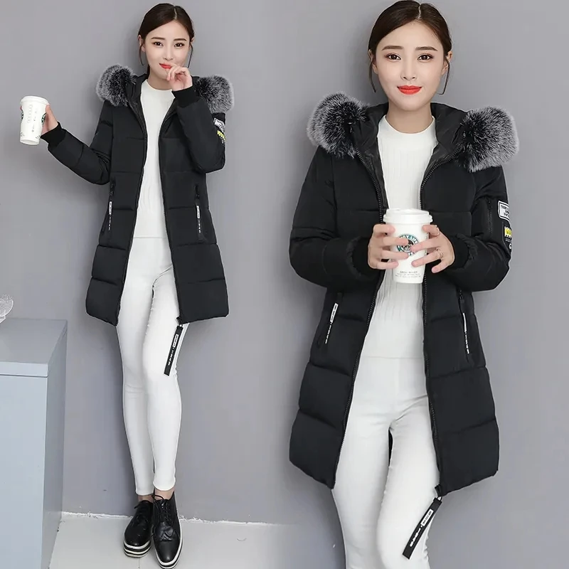 2025 Winter New Korean Cotton Jacket Women's Medium Long Big fur collar Coat Female Cotton Thicken Warm Hooded Parker Overcoat - Image 6