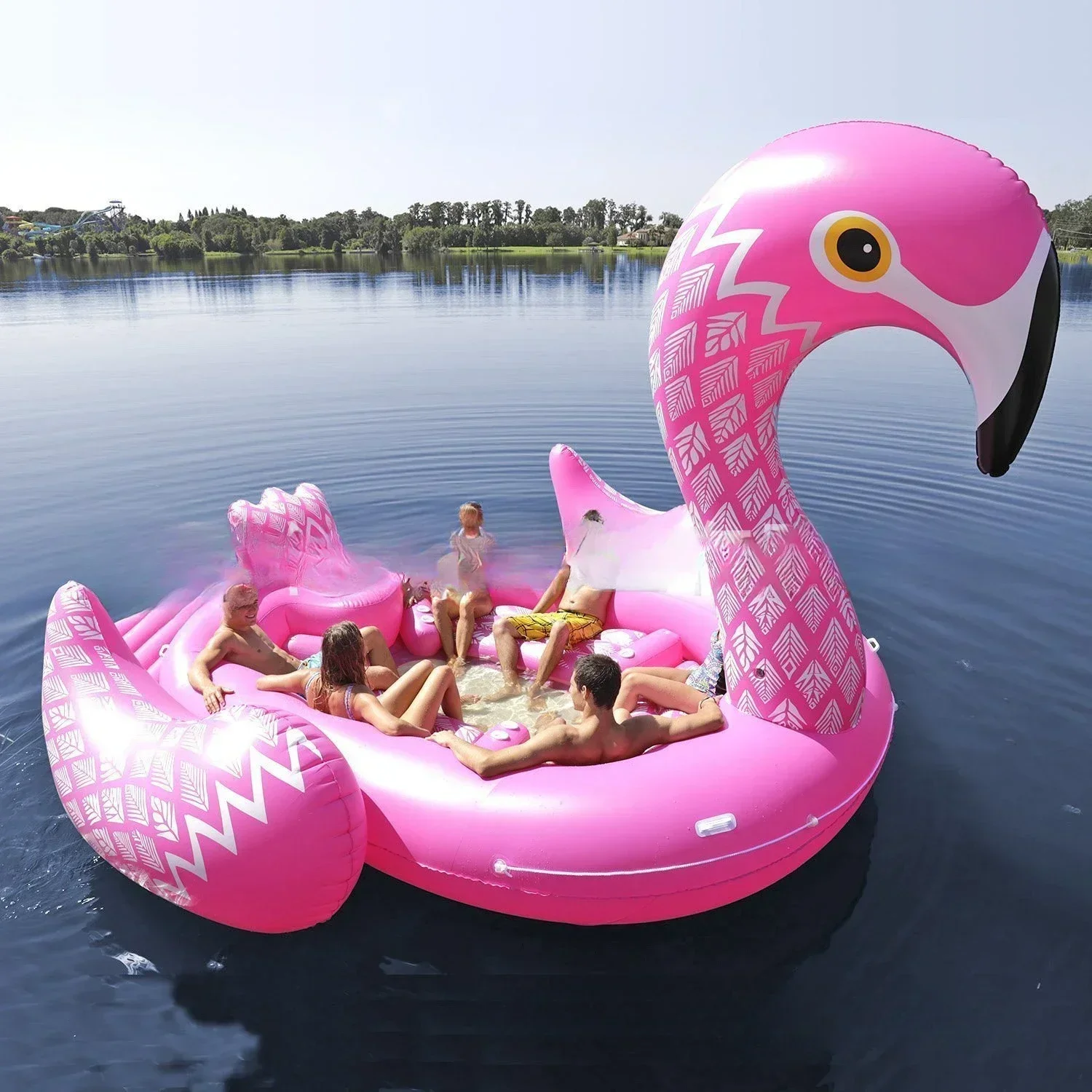 Manufacturer directly supplies large 6-person inflatable flamingo floating island unicorn water to Shanghai Island floating raft