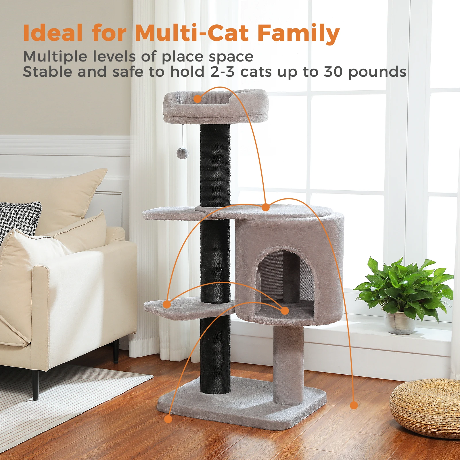 

50in Large Cat Tree for Indoor Cats, 4.1-inches Thick Scratching Post with a Spacious Condo, Stability Cat Tower with 2-Layer Ba