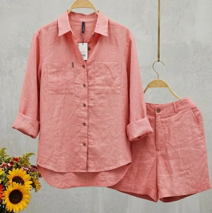 Summer Cotton Linen Casual Home 2 Piece Set For Women  Fashion White Long Sleeve Shirt And Shorts Two Piece Sets Tracksuit