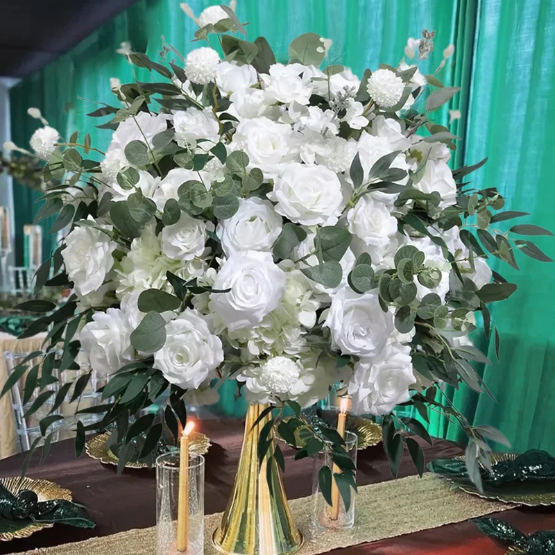 Green Plant Leaf Artificial Flower Ball White Rose Greenery Arrangement Wedding Table Centerpiece Floral Ball Party Display