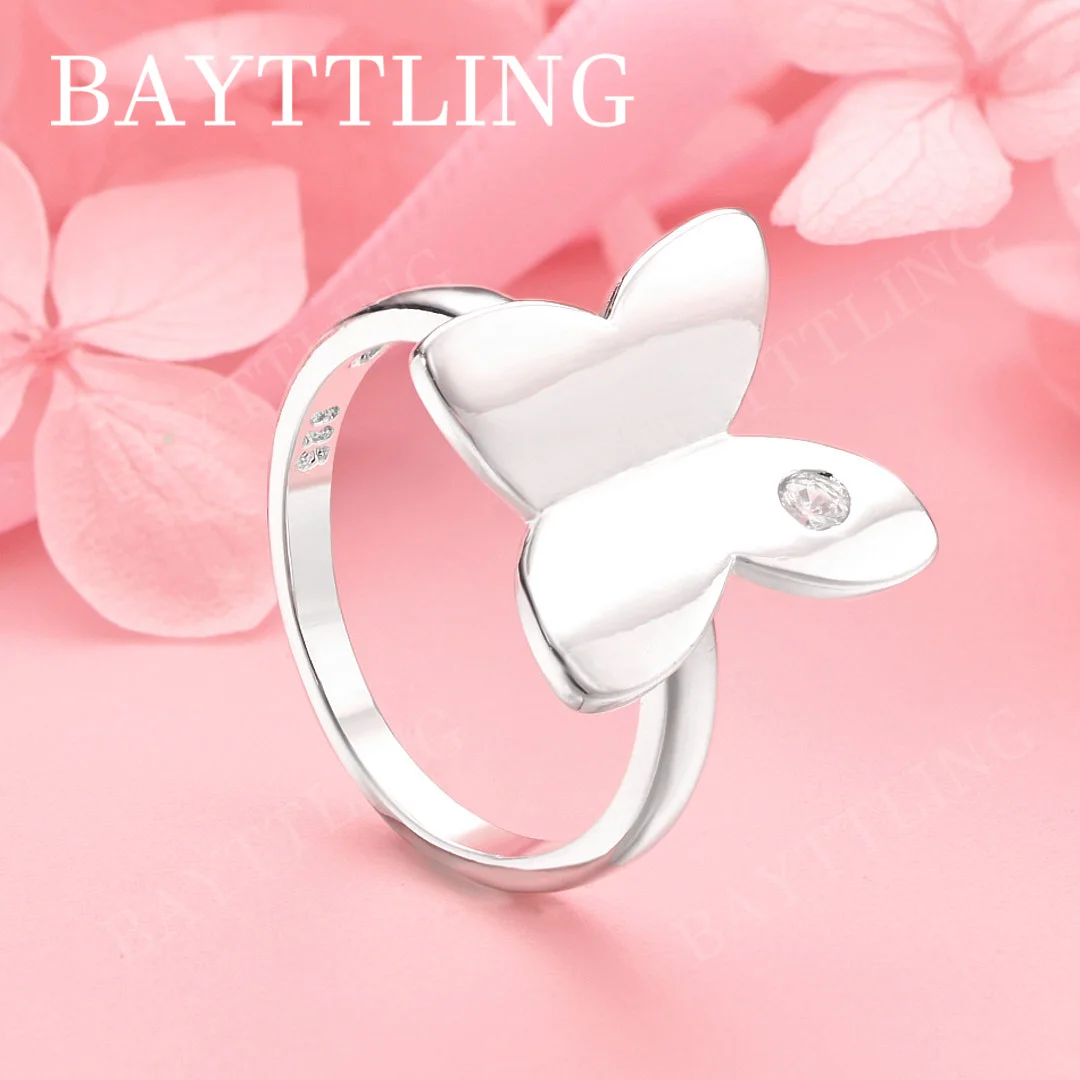 925 Sterling Silver Exquisite Polished Single Diamond Butterfly Ring for Women, Fashionable Wedding Party Gift Jewelry