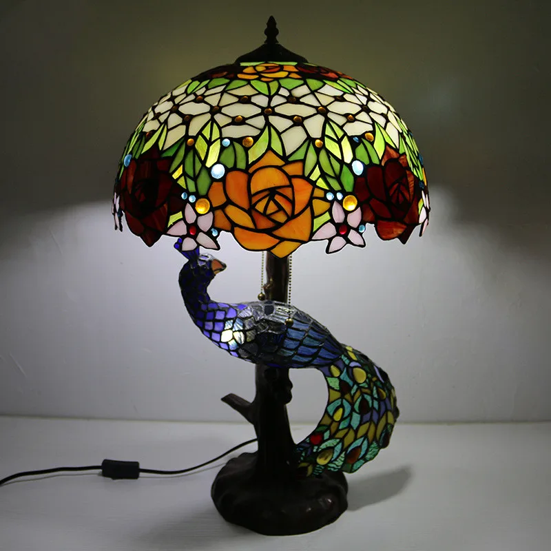 Tiffany Peacock Table Lamp Foyer Parlor Hall Restaurant Large Art Roses Luxury Glass Desk Wedding Decor Light L62101