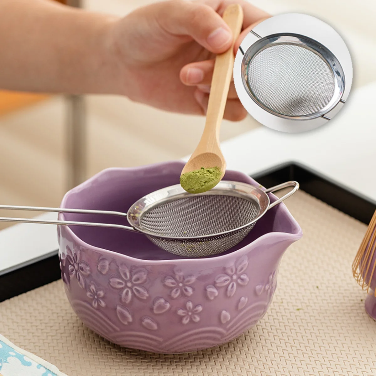 

5PCS Japanese Matcha Set Purple Embossed Cherry Bowl Complete Matcha Kit With Spout Tea Whisk Tools For Tea Lovers Home Use