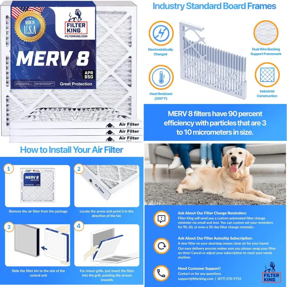 

HVAC Air Filters 6-Pack MERV 8 Pleated A/C Furnace Filters 13.25x13.25x2 Inches Made in USA Actual Size