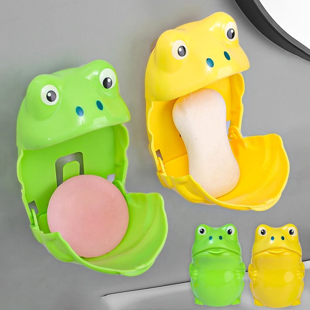 2Pcs Cartoon Frog Soap Box Household Punch-free Cleaning Rack Bathroom Wall-mounted Soap Box Drain Rack Child Care Accessories