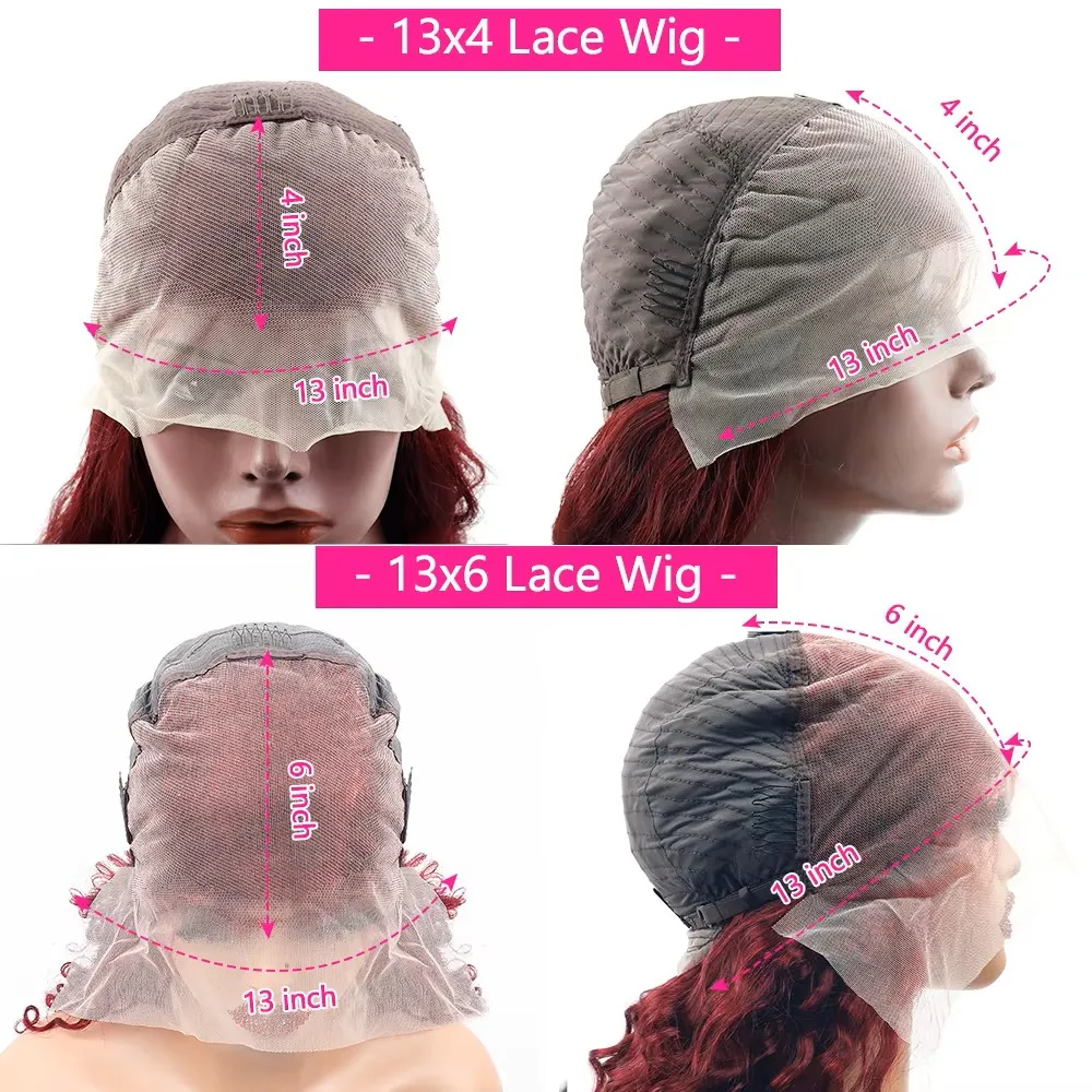 Peruca de Cabelo Humano com Renda Frontal HD 13x4, 44-46 Polegadas, Cor 99J, Ondas Corporais, Burgundy, Perucas Vermelhas para Mulheres