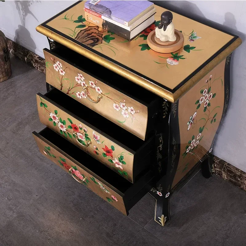 Chinese Style Solid Wood Bedside Table with Three Drawers Bedroom Storage Cabinet Small Sofa Side Table Nightstand Locker