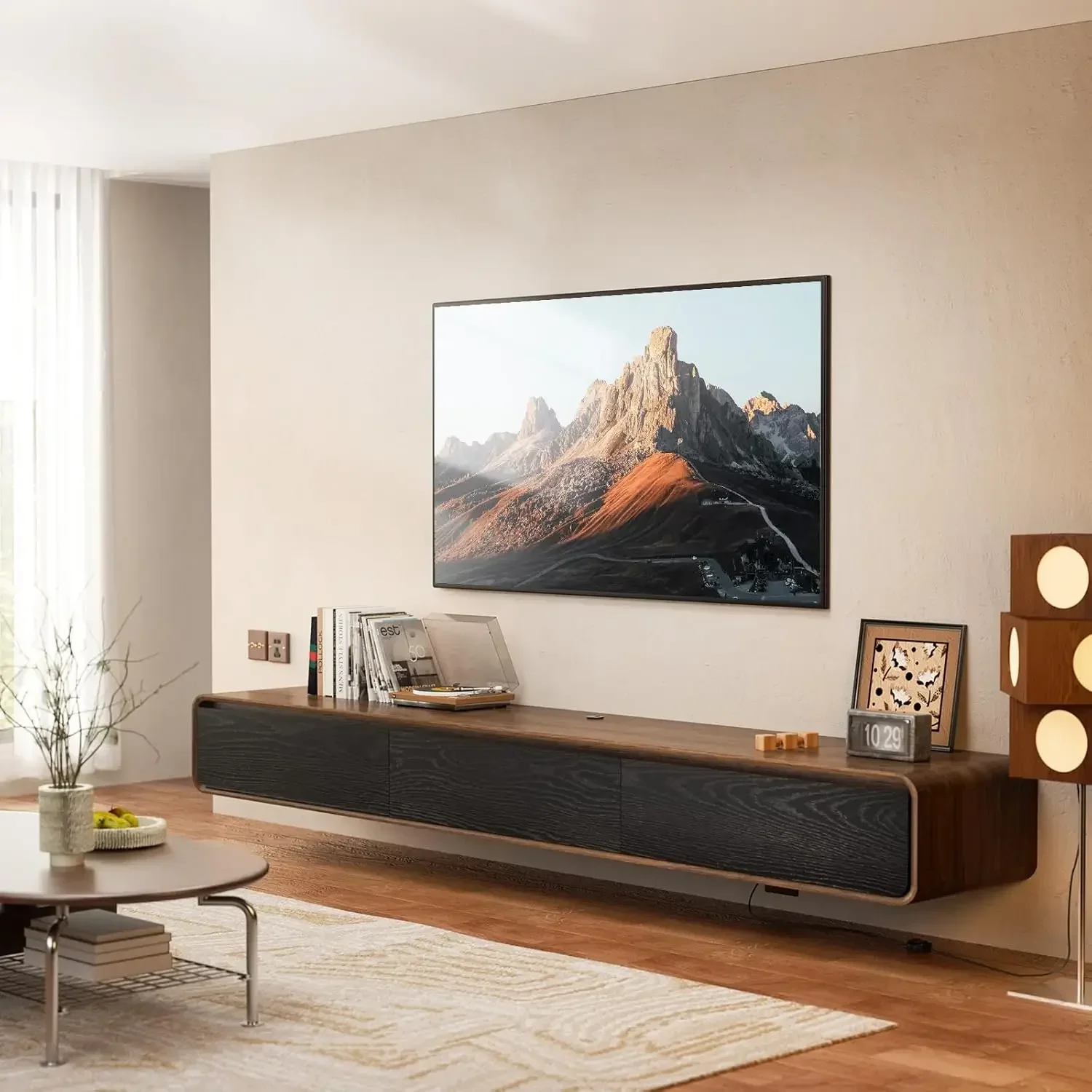 Wall Mounted Floating TV Stand Entertainment Center Walnut Black Media Console Flip Down Doors Cable Management