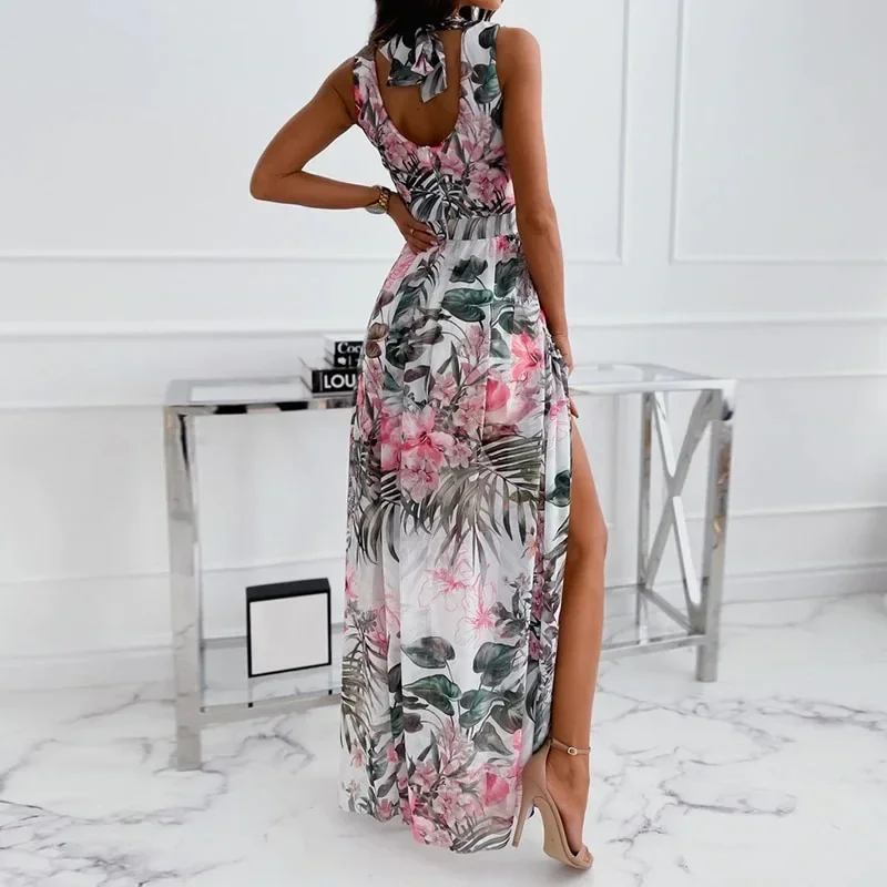 

Fashion Women's Sleeveless Colorful Skirt 2023 Spring And Summer New Arrivals Chiffon V-Neck Print Binding Split Dress For Women