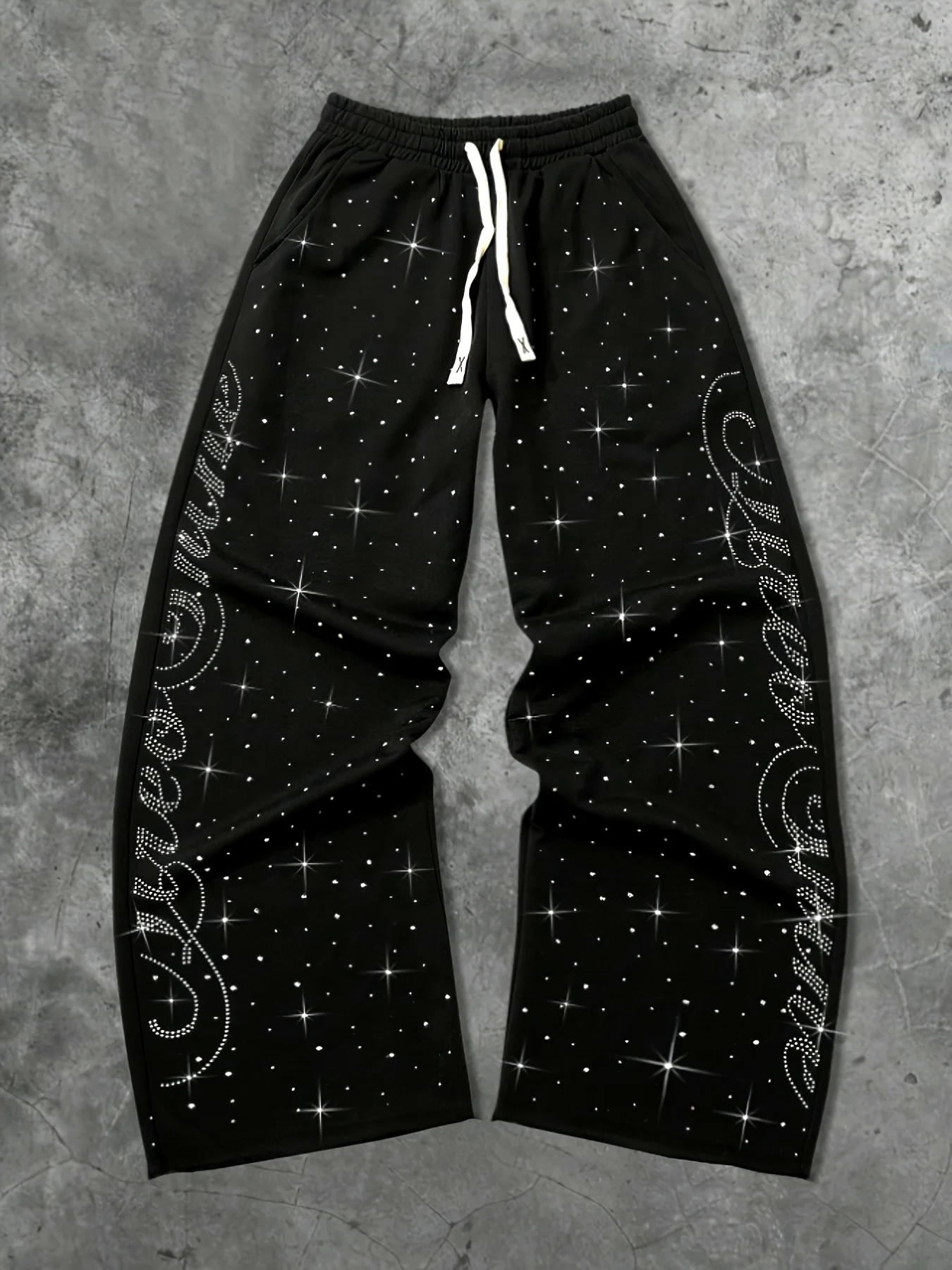 Mens Wide Leg Sweatpants Sparkling Star And Side Cursive Letter Elastic Waist Quick Dry Loose Streetwear Jogger Pants Kids
