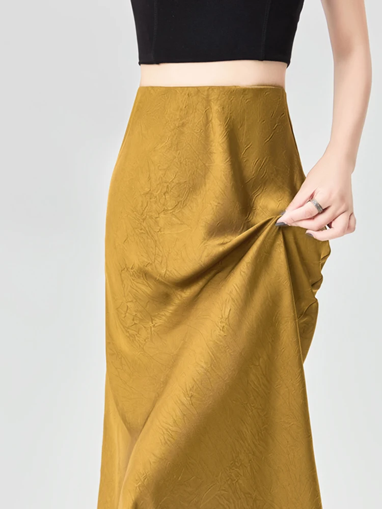 Summer Satin Skirt 2024 Women's Long Skirt Silk High Waisted Slim Fashion Korean Solid Champagne Black Midi Skirts for Women