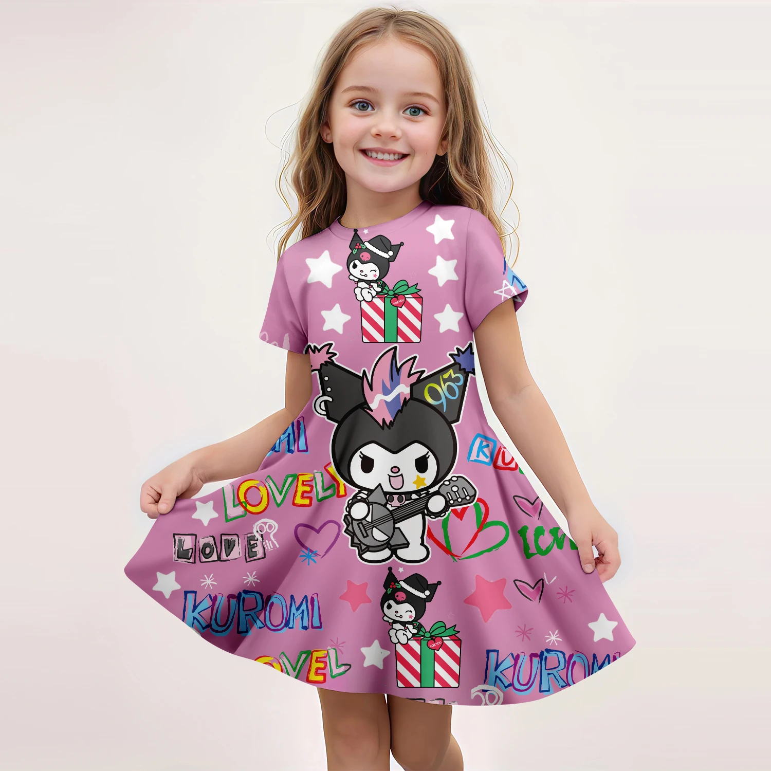 Summer New Children's Clothing Kuromi 3D Printed Short-Sleeved Dress Casual Fashion Princess Dress For 3-14 Year Old Girls 2024