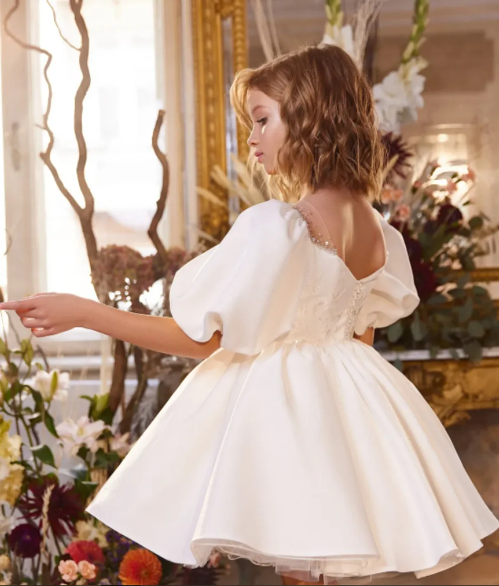 

Puffy A-line Lace Flower Girl Dresses Elegant Princess Satin Ball Gown For Kids Birthday Party Simple Bow First Communion Three