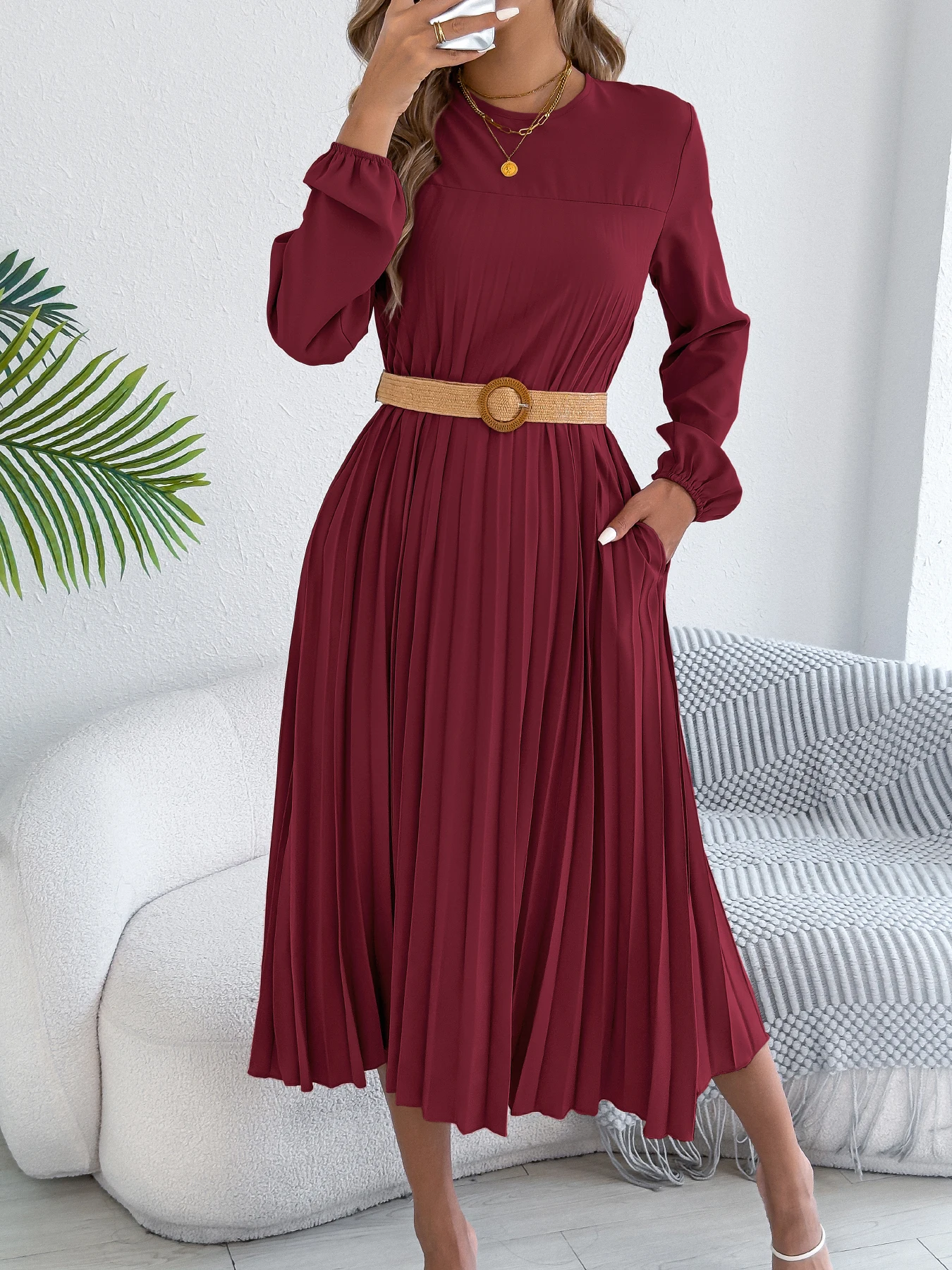 Vestido Elegante para Mujer 2026, Retro, Color Sólido, Cuello Redondo, Manga Larga, Plisado, sin Cinturón, Otoño Invierno 2026, Verde Caqui, Rojo - Image 5