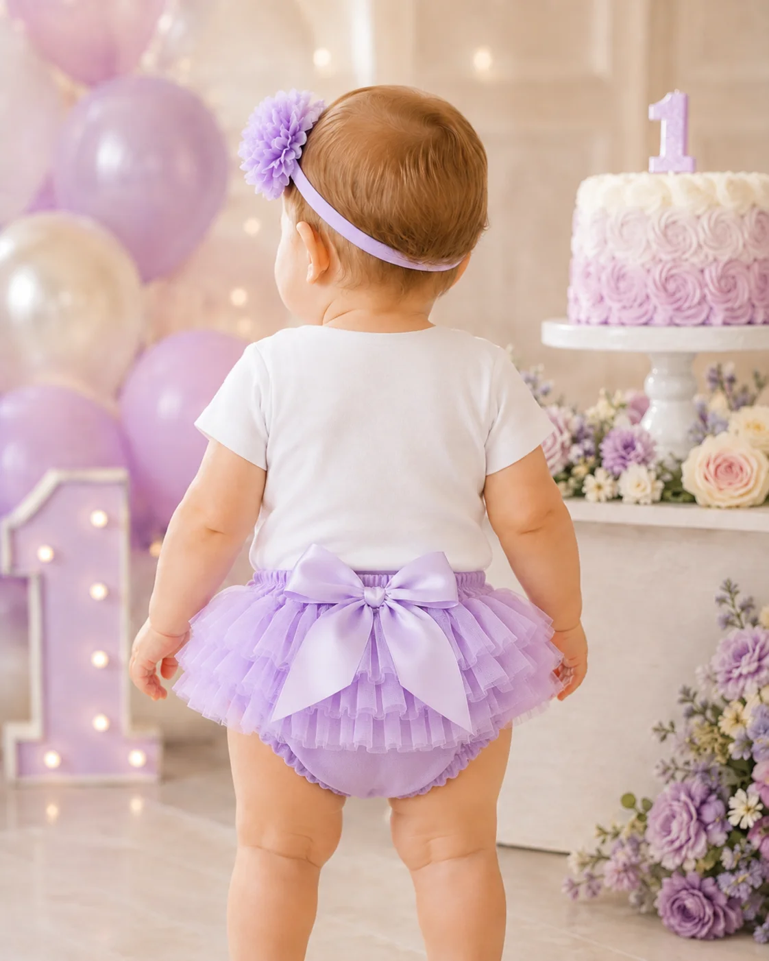 Baby Girl 1st Birthday 3Pcs Outfit Purple ONE Romper Tutu Skirt Flower Headband Toddler Party Photo Costume