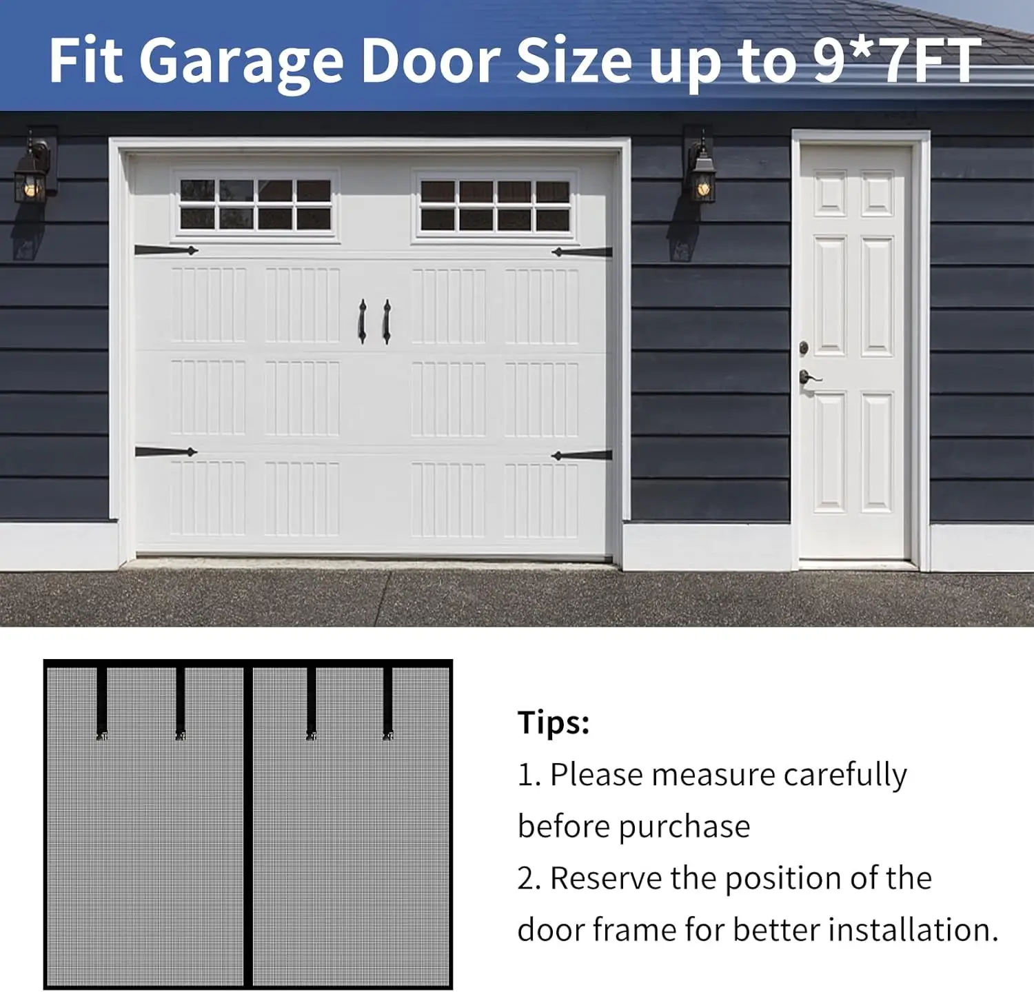 Magnetic Garage Screen Door for 1 Car Garage Doors 9x7FT- Reinforced Self Sealing Fiberglass Mesh Door with 4 Strapping Tapes