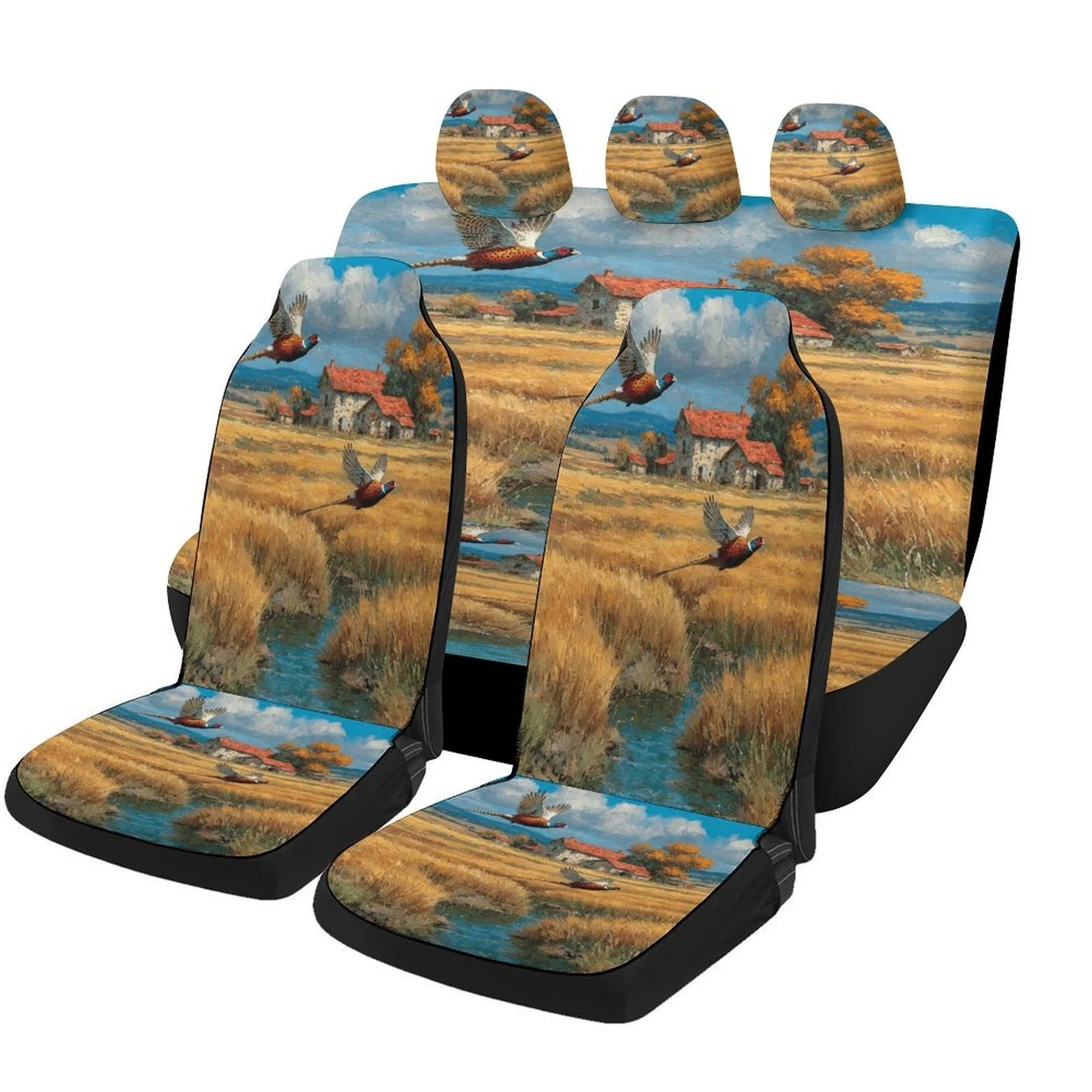Car Seat Cover Set Featuring Pheasants Soaring Over A Field, Suitable For Various Vehicles. This High-Quality, Comfortable Prote