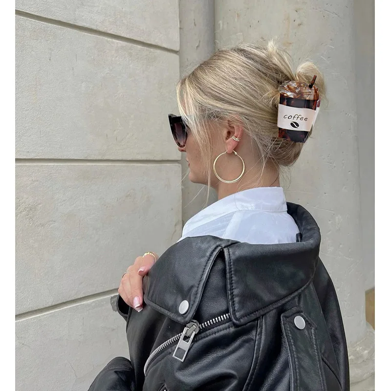 9CM Personality Creative Hotdog Coffee Cup Chocolate Hair Claws Women Funny Acetate Hair Clips Back of Head Shark Clip Jewelry