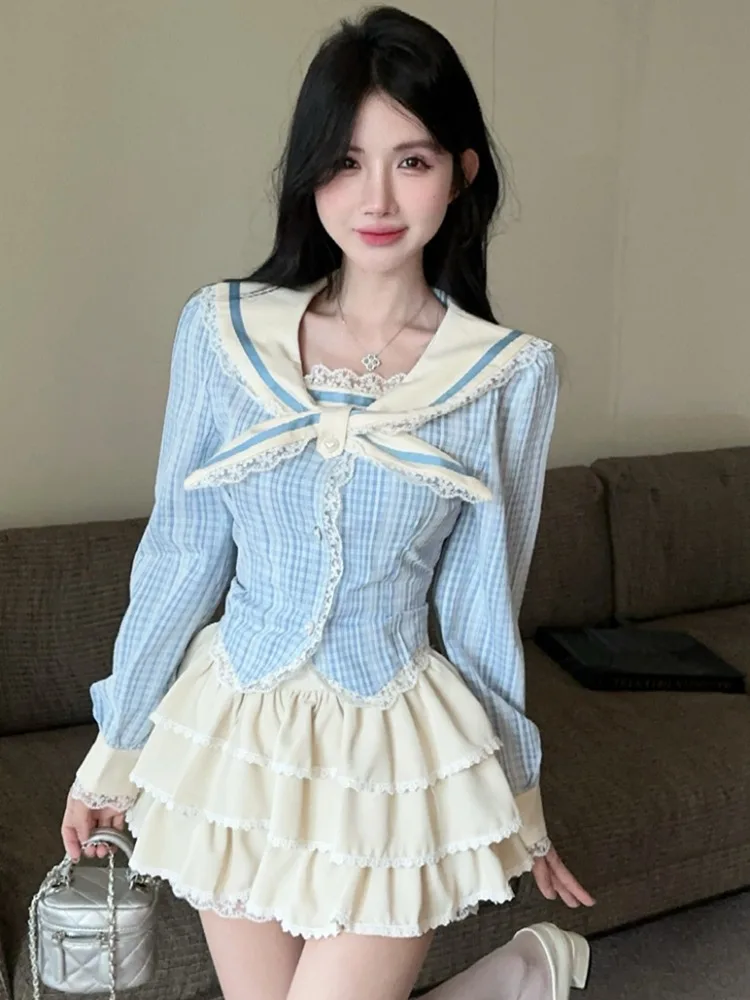 

American JK Uniform School Style Set Women's Spring Autumn Spicy Waist Cinching Blue Apricot Top Half Body Cake Short Skirt T...