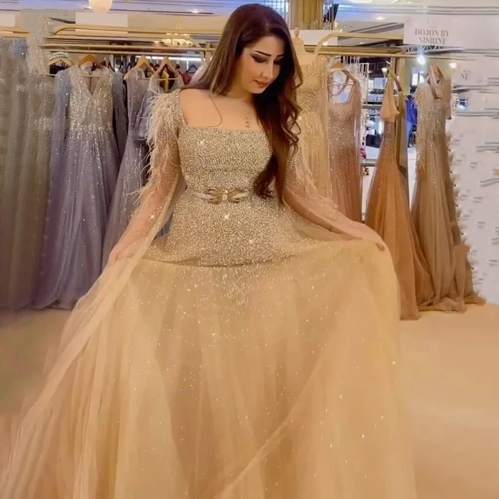 Hot Sale Arabic Gold A Line Feathers Cape Sleeves Beaded Luxury Evening Dresses Gowns For Women Party 2023 LA71782 Best Price