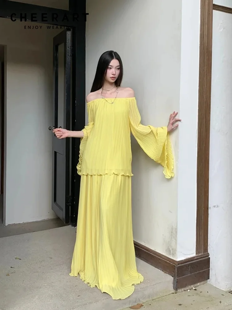 

CHEERART Fall 2025 Fashion 2 Pieces Set For Woman Yellow Long Sleeve Top And Maxi Skirt Set Off Shoulder Autumn Vacation Outfit