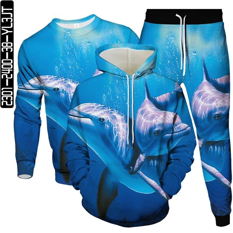 4XL 5XL 6XL Plus Size Men's Clothing Tracksuit 2023 Spring Animal Fish Dolphin Shark Print Male 3Pcs Set Hoodies Sweatshirt Pant