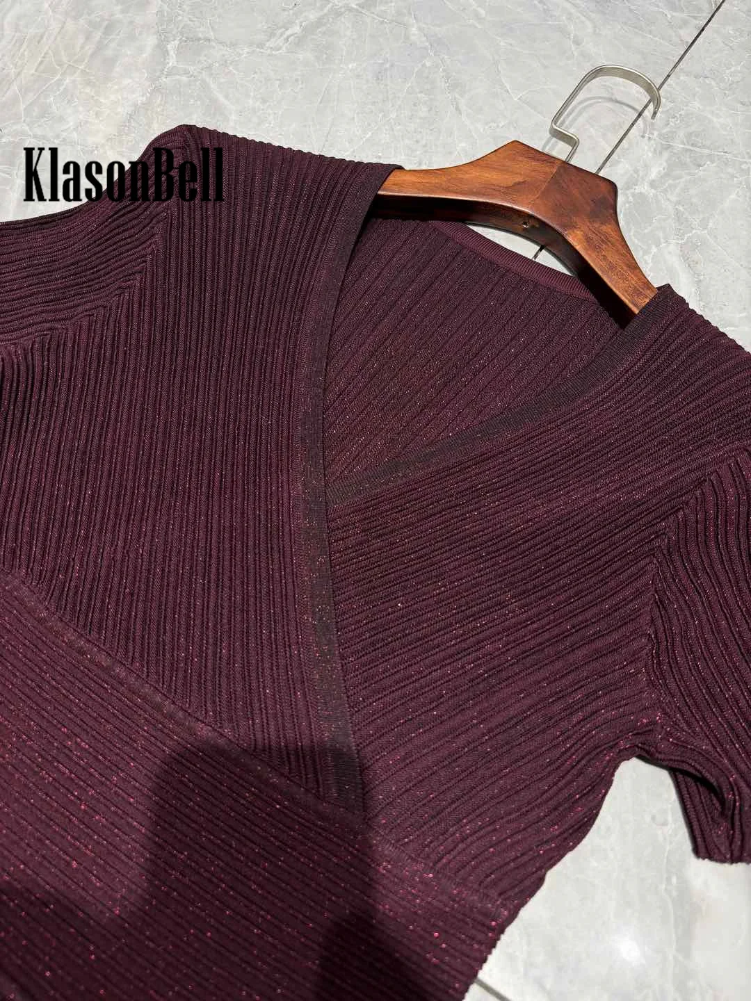 1.19 KlasonBell Bright Silk Knitted Dresses V-Neck High Waist Split Design Comfortable Breathable Long Sleeve Dress For Women