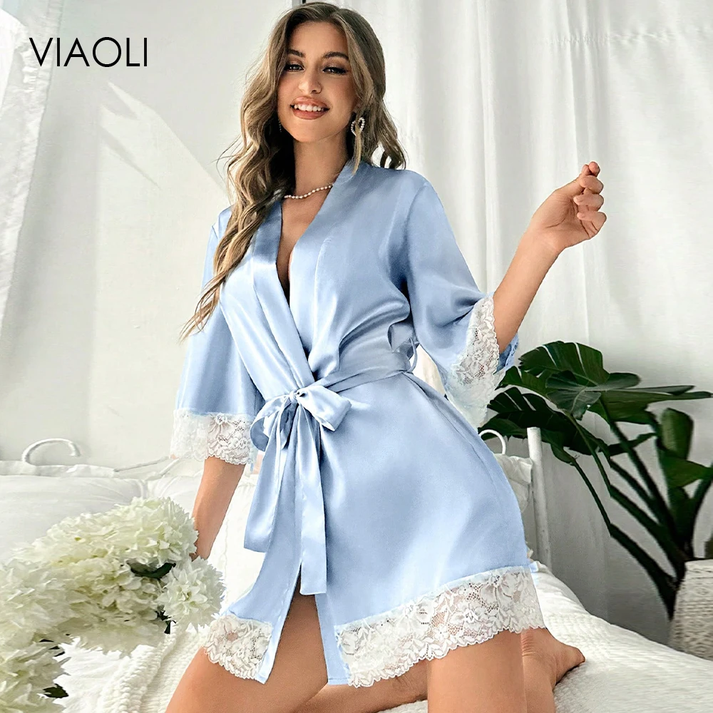 Women Soft Satin Pajamas Robes Sleepwear Nightgowns Nightdress Pink Black Light Blue Lace Smooth Soft Comfortable Sexy Nightrobe