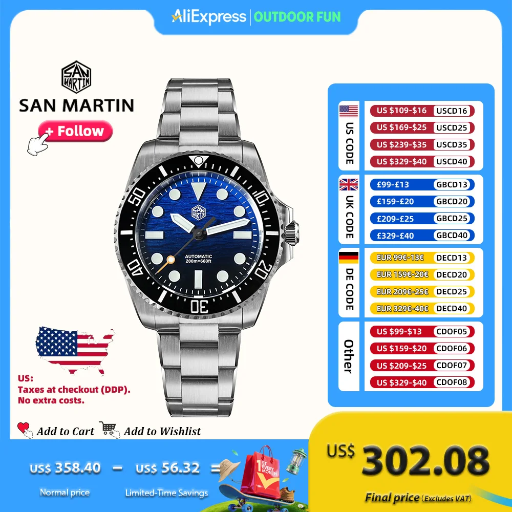 

Мужские дайверские часы San Martin SN0126 38 мм класса люкс с автоматическим механизмом Miyota 90S5, градиентным синим циферблатом с эффектом волн, люминесцентным покрытием BGW-X1, регулируемым браслетом OTF, водонепроницаемостью 20 АТМ.