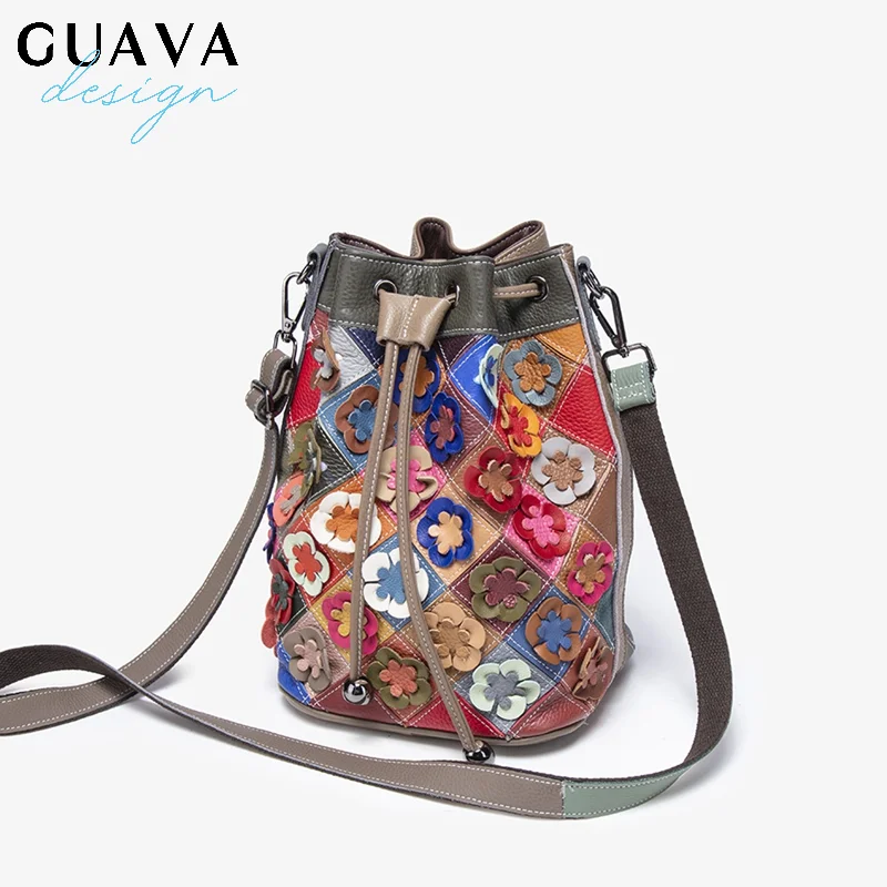 

New Genuine Leather Women's Handbag With Large Capacity, Top Layer Cowhide Flower Colorful Contrasting Single Shoulder Bag