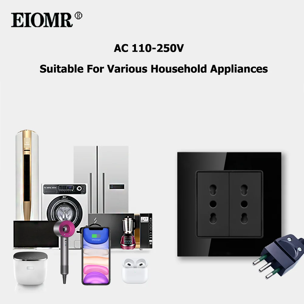 EIOMR Italy Chile Standard Socket, 86mm*86mm PC Panel, Crystal Glass Panel, Italy Power Socket for Home Improvement