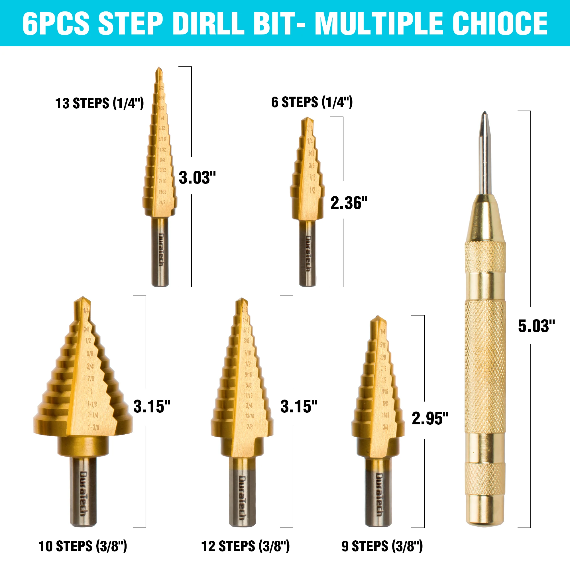 DURATECH 6PC Step Drill Bit Set with Automatic Center PunchTitanium Coated Double Flute Cutting Blades Step Drill Bits for Metal