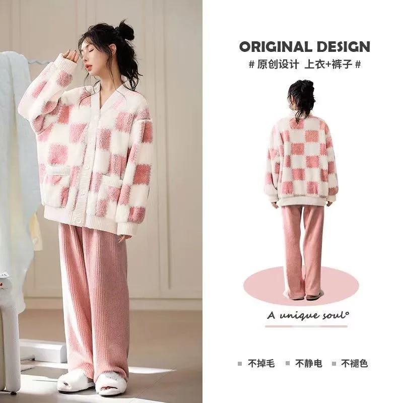 

Fall Winter Coral Fleece Pajamas Add Fleece To Thicken Flannel Fallow Sweet Can Worn Outside Two-piece Home Set Pajamas Women